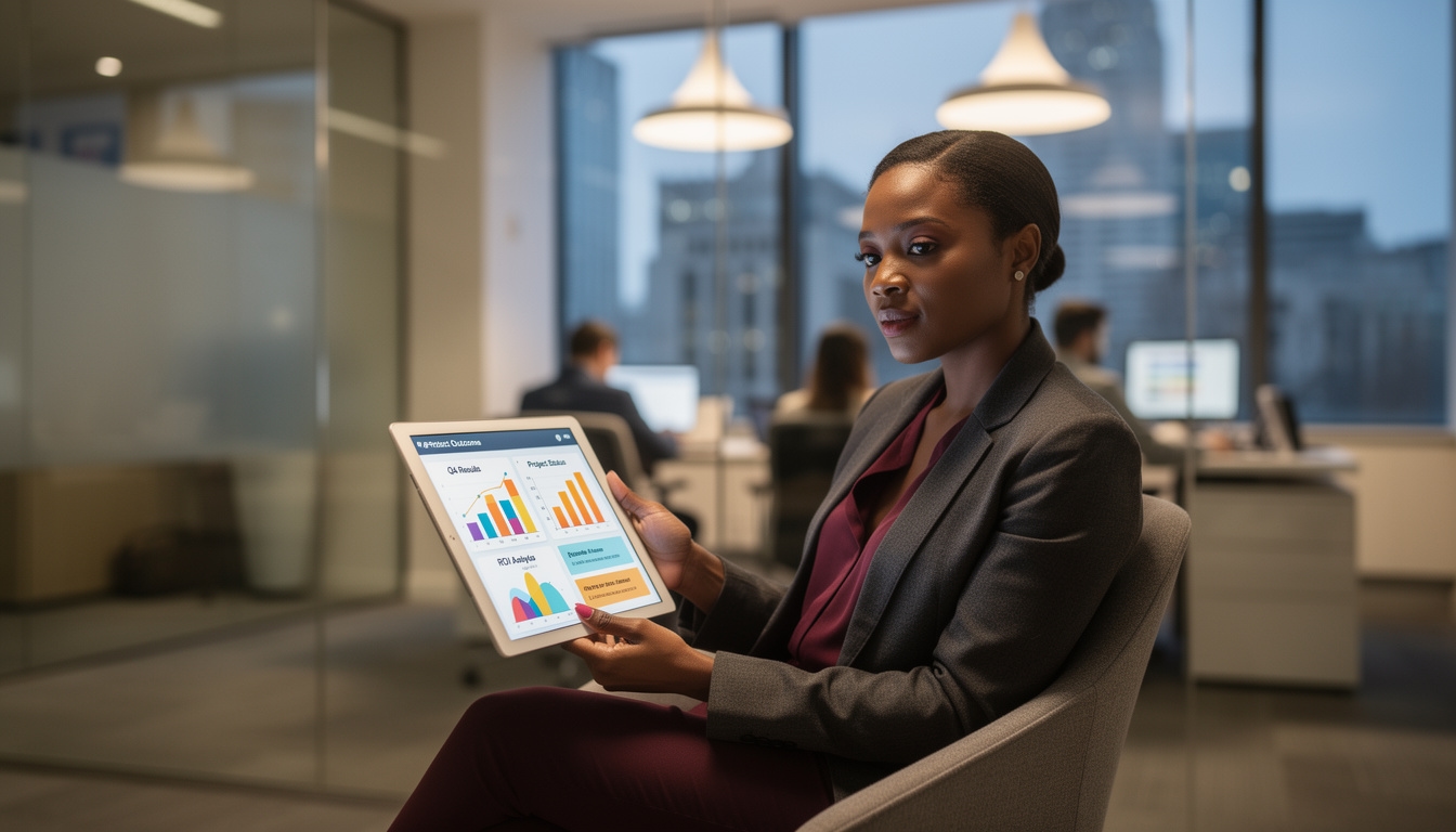 Department head reviewing innovation reports on a tablet in a glass-walled meeting room