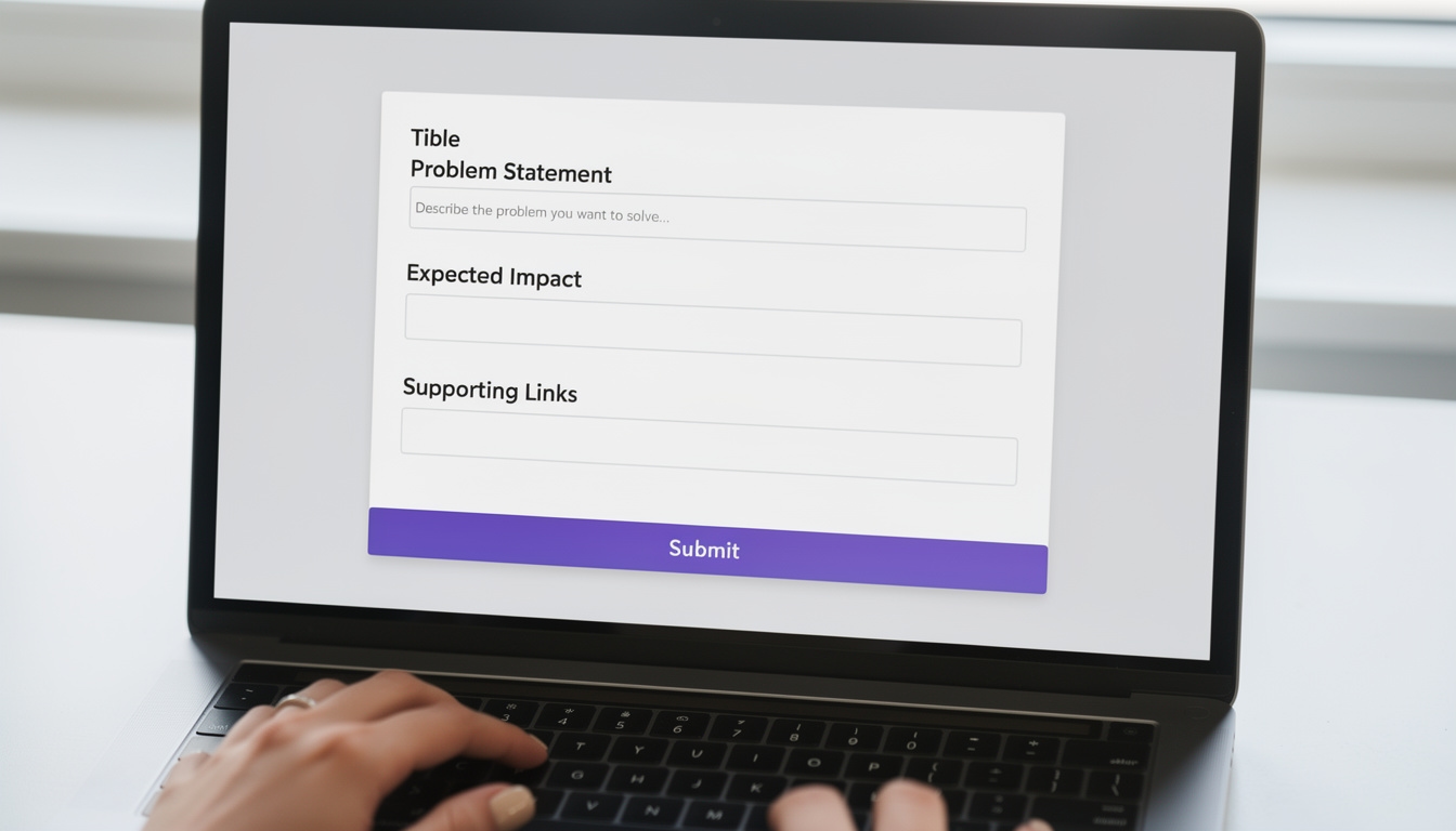 Close-up of a professional using a clean idea submission form on a laptop screen