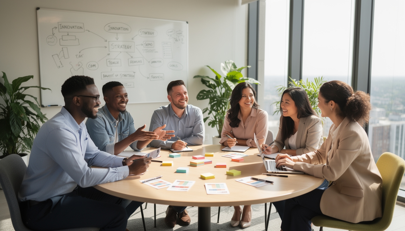 Diverse team of professionals participating in an innovation workshop around a circular table