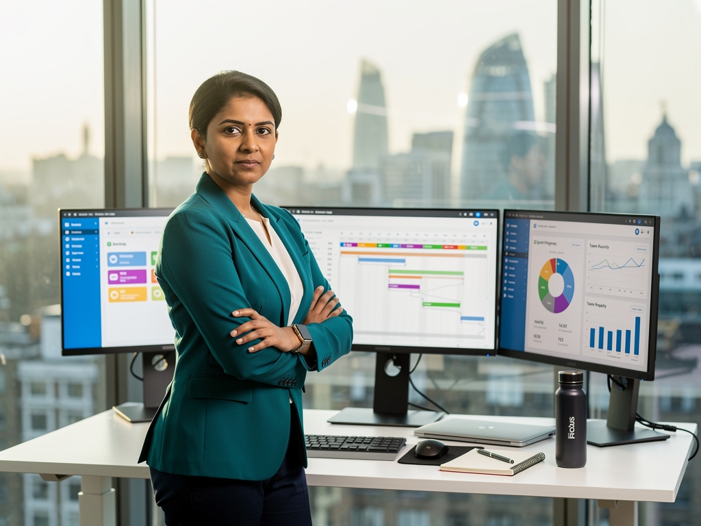 Innovation manager reviewing project dashboards at a standing desk