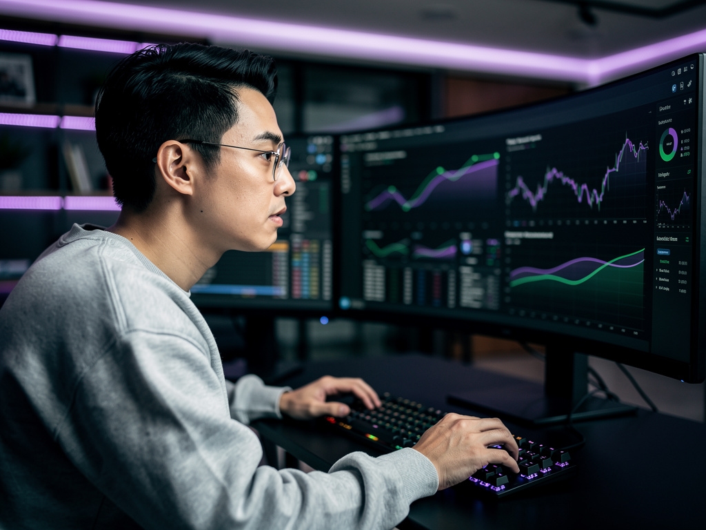Data analyst reviewing outcome measurement charts on a large monitor in a modern office