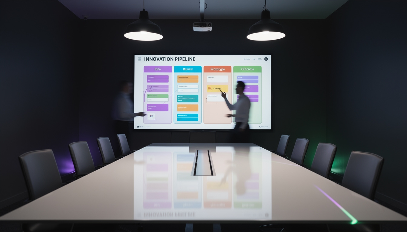 Digital project pipeline board showing innovation stages on a large office screen