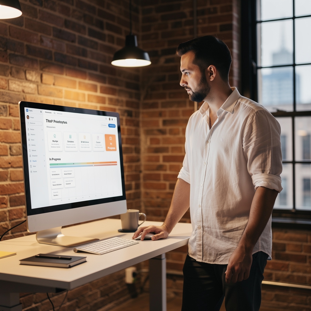 Project manager viewing a prototype tracking workspace with milestone cards on a wide monitor