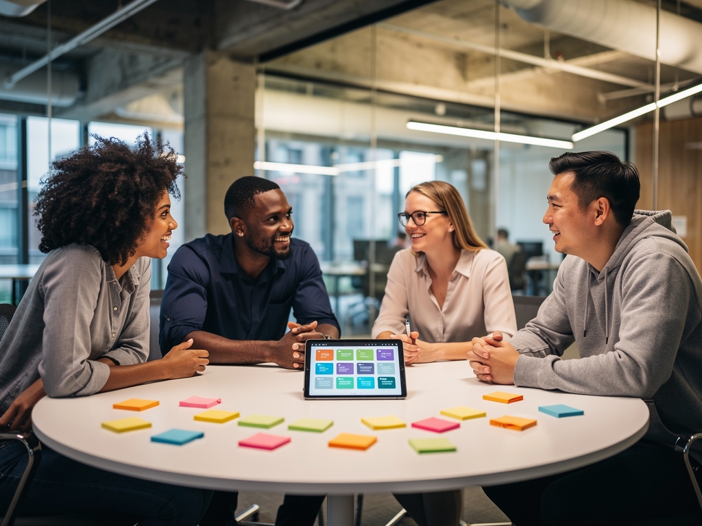 Diverse team collaborating around a table with innovation materials