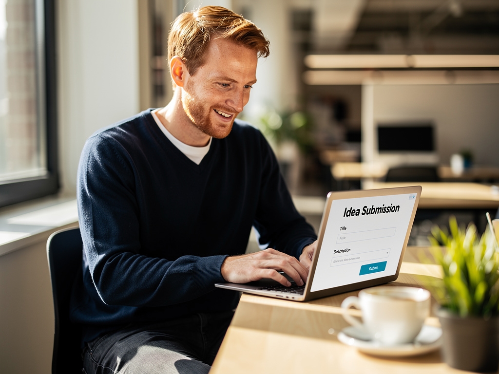 Young professional submitting an innovation idea on a laptop in a modern office